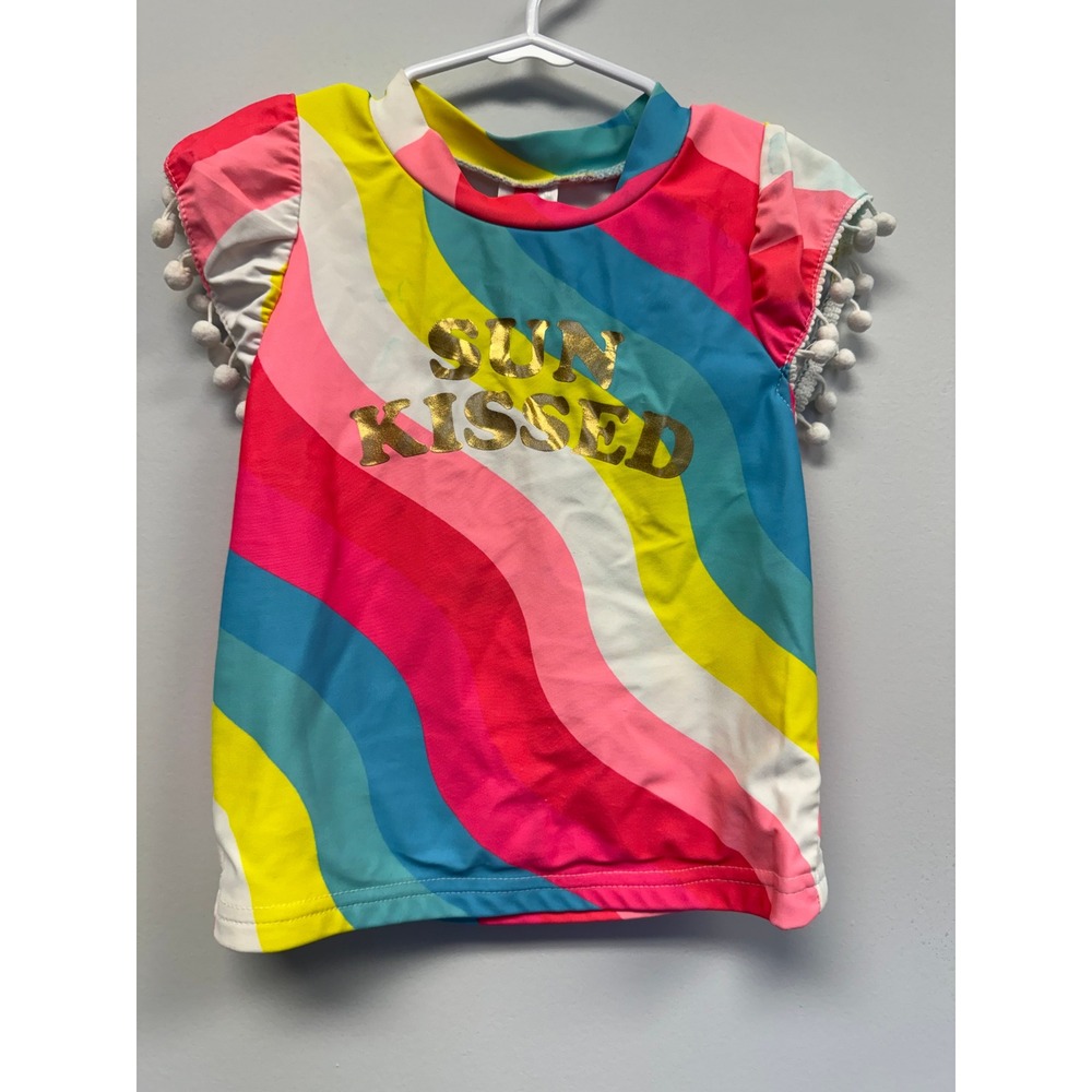 Betsey Johnson Girls Rainbow Sun Kissed Swim Top Pom Pom Sleeve Rash Guard Siz 5